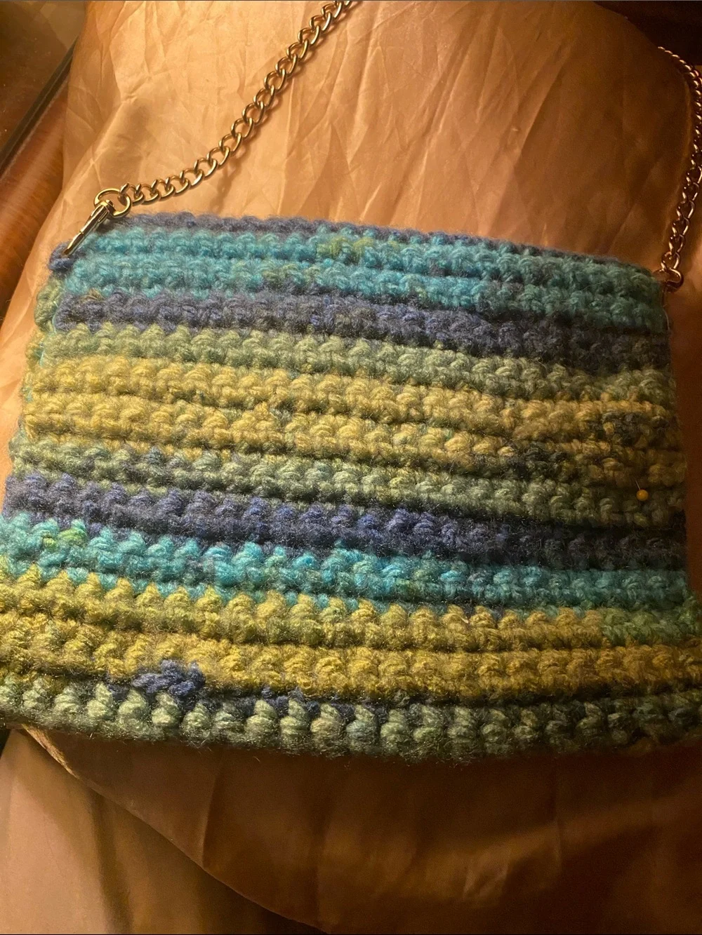 Handmade Crocheted Shoulder Bag in Blue and Green Stripes
